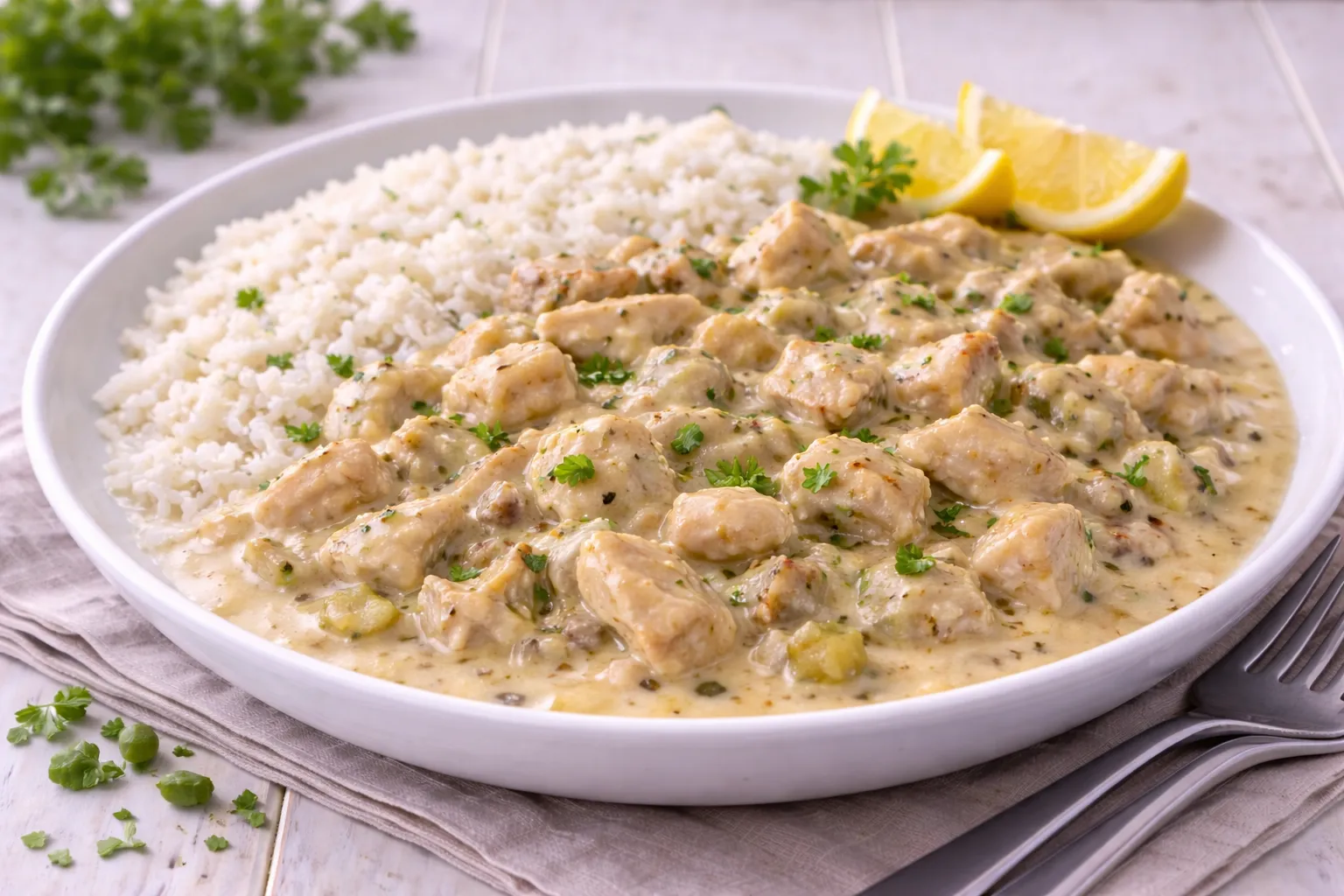 Geflügelragout mit zarten Fleischstücken in sämiger Soße auf weißem Teller mit Reis