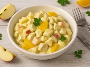 Geflügelsalat mit Curry, Apfel und Orange in weißer Schüssel auf hellem Holztisch mit Besteck und Dekoration