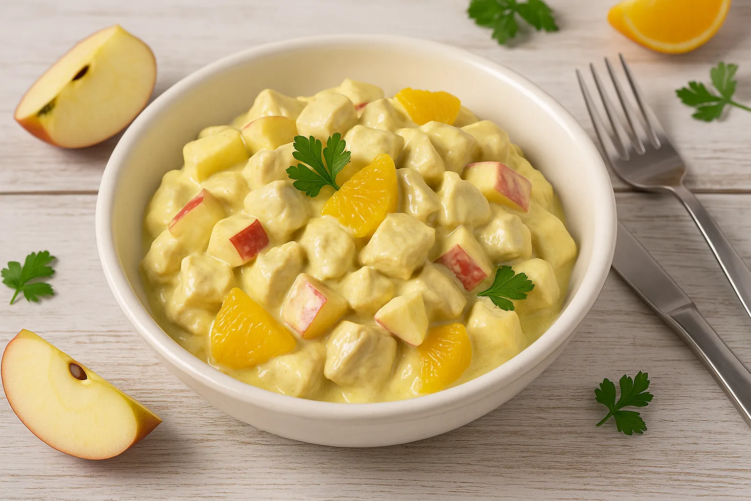 Geflügelsalat mit Curry, Apfel und Orange in weißer Schüssel auf hellem Holztisch mit Besteck und Dekoration
