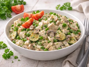 Geflügelsalat mit Erbsen, Zucchini und Pilzen in Schüssel auf hellem Holztisch