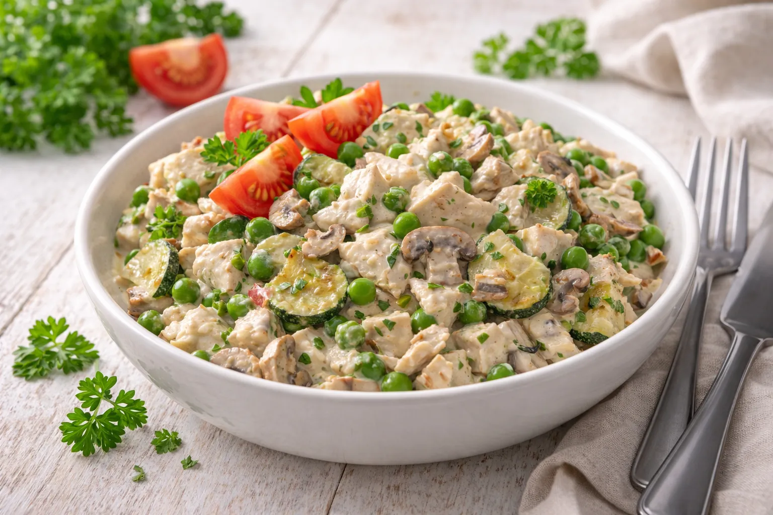 Geflügelsalat mit Erbsen, Zucchini und Pilzen in Schüssel auf hellem Holztisch