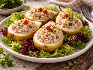 Gefüllte Birnenhälften mit Fleisch Mayonnaise Füllung auf weißem Teller mit Salat und Garnitur