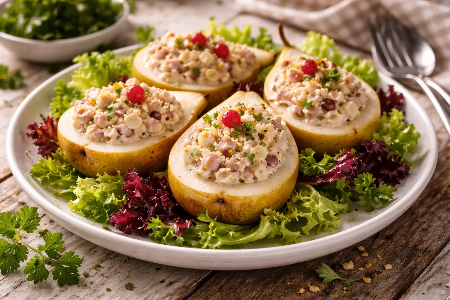 Gefüllte Birnenhälften mit Fleisch Mayonnaise Füllung auf weißem Teller mit Salat und Garnitur