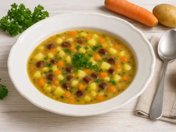 Tiefe weiße Schale mit Gemüse-Kartoffel-Suppe, garniert mit frischer Petersilie, auf weißem Holztisch mit Besteck und rustikaler Deko