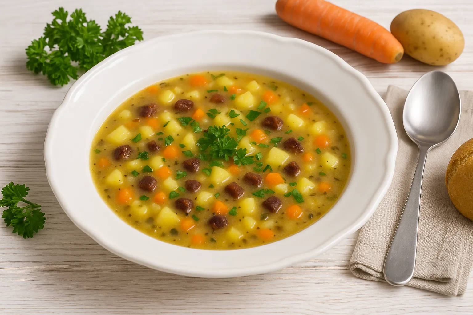 Tiefe weiße Schale mit Gemüse-Kartoffel-Suppe, garniert mit frischer Petersilie, auf weißem Holztisch mit Besteck und rustikaler Deko