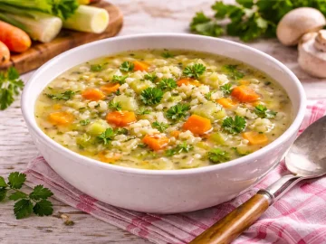 Leichte Gemüse-Reis-Suppe mit Petersilie in weißer Schüssel auf rustikalem Holztisch