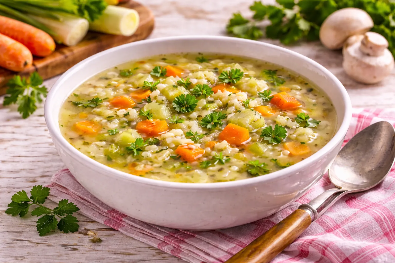 Leichte Gemüse-Reis-Suppe mit Petersilie in weißer Schüssel auf rustikalem Holztisch