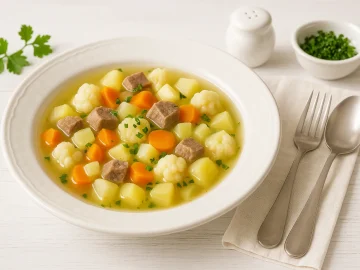 Gemüseeintopf mit Fleischwürfeln, Gemüse und Kartoffeln in weißem DDR-Teller auf weißem Holzhintergrund