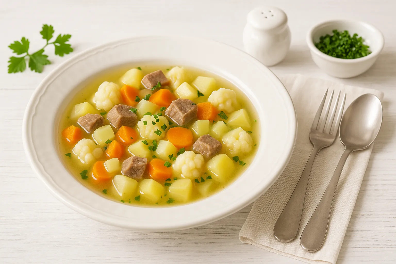 Gemüseeintopf mit Fleischwürfeln, Gemüse und Kartoffeln in weißem DDR-Teller auf weißem Holzhintergrund