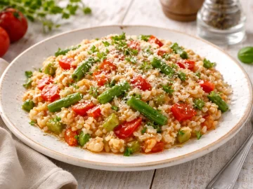 Gemüserisotto mit Reis, Bohnen, Paprika und Tomaten auf weißem rustikalem Teller auf hellem Holztisch