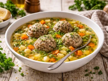Gemüsesuppe mit Leberknödeln, Gemüse und Schnittlauch in einer weißen Suppenschüssel auf rustikalem Holztisch