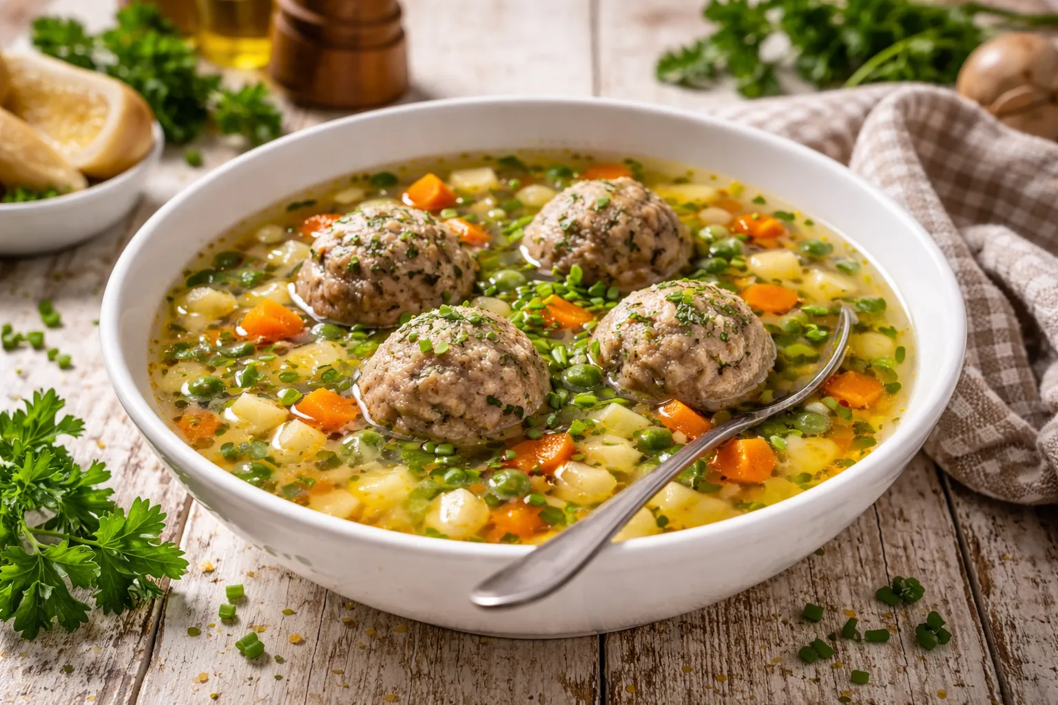 Gemüsesuppe mit Leberknödeln, Gemüse und Schnittlauch in einer weißen Suppenschüssel auf rustikalem Holztisch