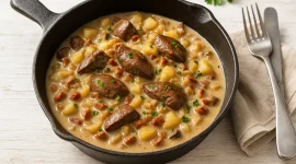 Geschmorte Leber mit Speckwürfeln, Zwiebeln und Apfelstücken in cremiger Soße, serviert in einer rustikalen Pfanne auf hellem Holzhintergrund.