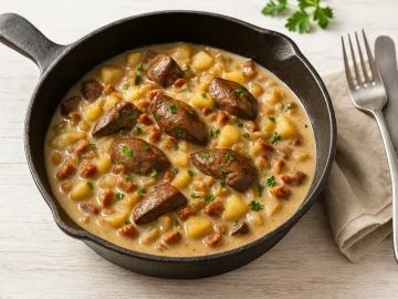 Geschmorte Leber mit Speckwürfeln, Zwiebeln und Apfelstücken in cremiger Soße, serviert in einer rustikalen Pfanne auf hellem Holzhintergrund.