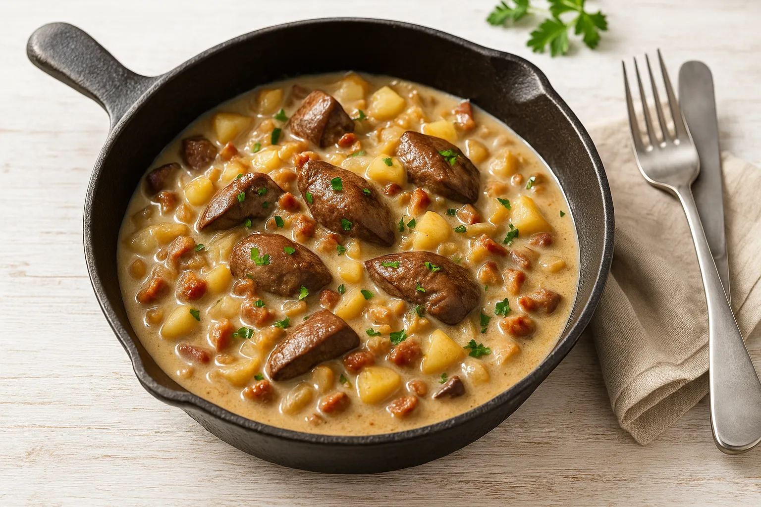 Geschmorte Leber mit Speckwürfeln, Zwiebeln und Apfelstücken in cremiger Soße, serviert in einer rustikalen Pfanne auf hellem Holzhintergrund.