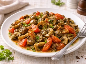 Geschmorte Waldpilze mit Tomaten und Kräutern auf weißem Teller auf hellem Holztisch