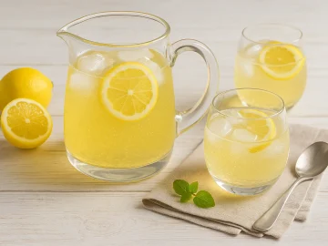 Glaskrug mit Gin-Bowle, dekoriert mit Zitronenscheiben und Eiswürfeln auf Holztisch