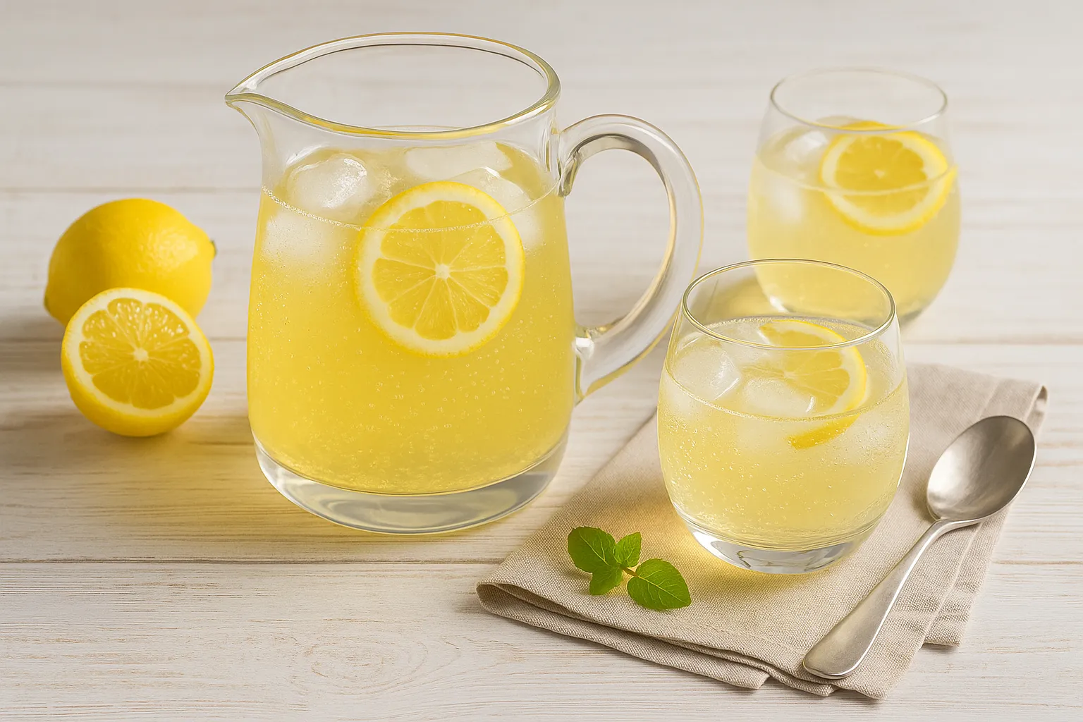 Glaskrug mit Gin-Bowle, dekoriert mit Zitronenscheiben und Eiswürfeln auf Holztisch