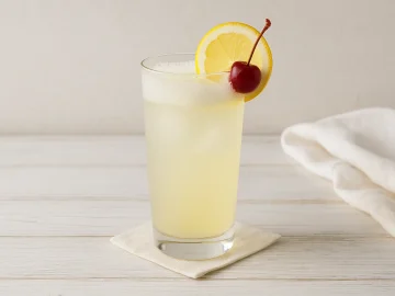 Ein Glas Gin Fizz Cocktail mit Zitronenscheibe, Kirsche und Sekt aufgefüllt