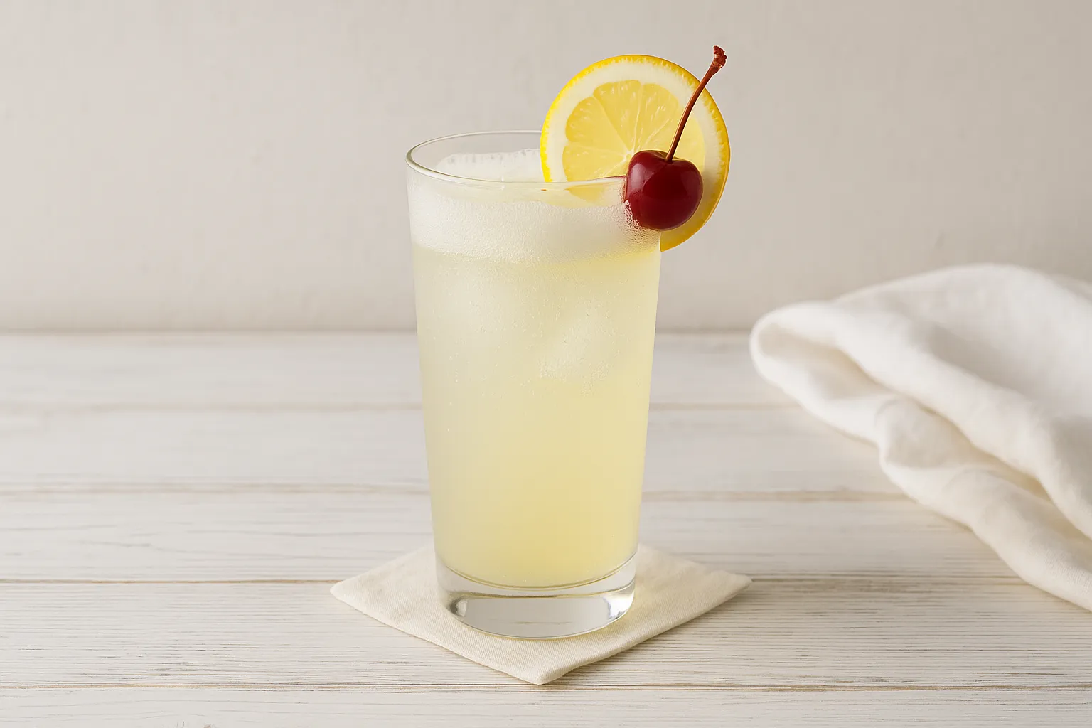 Ein Glas Gin Fizz Cocktail mit Zitronenscheibe, Kirsche und Sekt aufgefüllt