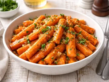 Glasierte Möhren mit Petersilie in rustikaler weißer Schale auf hellem Holztisch mit moderner Dekoration