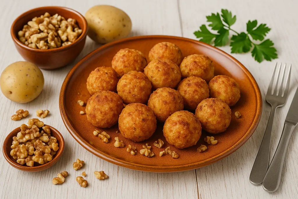  Grazer Kartoffelklößchen, goldbraun gebacken, mit Nüssen auf orangefarbenem DDR-Teller, dekorativ auf weißem Holztisch.