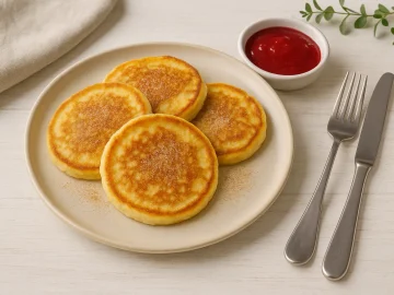 Goldgelbe Grießeierkuchen auf Teller, serviert mit Zimtzucker und Fruchttunke auf weißem Holztisch