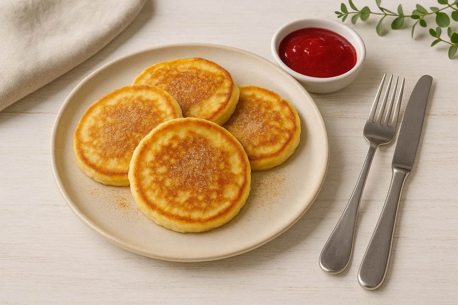 Goldgelbe Grießeierkuchen auf Teller, serviert mit Zimtzucker und Fruchttunke auf weißem Holztisch