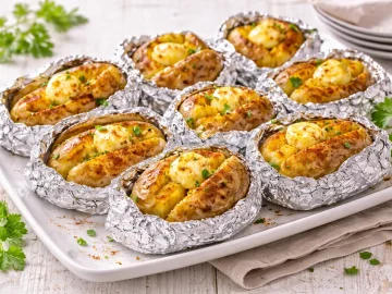 Gegrillte Kartoffeln mit geschmolzener Butter und Paprika auf moderner Servierplatte auf hellem Holztisch