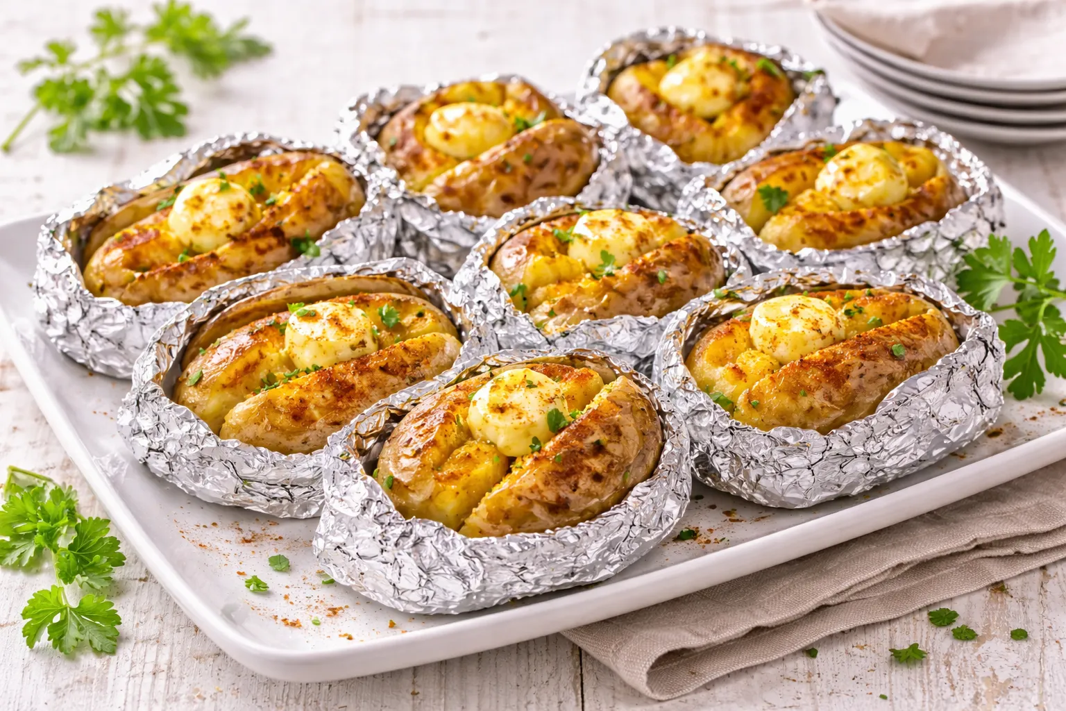 Gegrillte Kartoffeln mit geschmolzener Butter und Paprika auf moderner Servierplatte auf hellem Holztisch