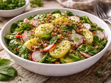 Grüner Kartoffelsalat mit Spinat Radieschen und Speck in Schüssel auf rustikalem Holztisch