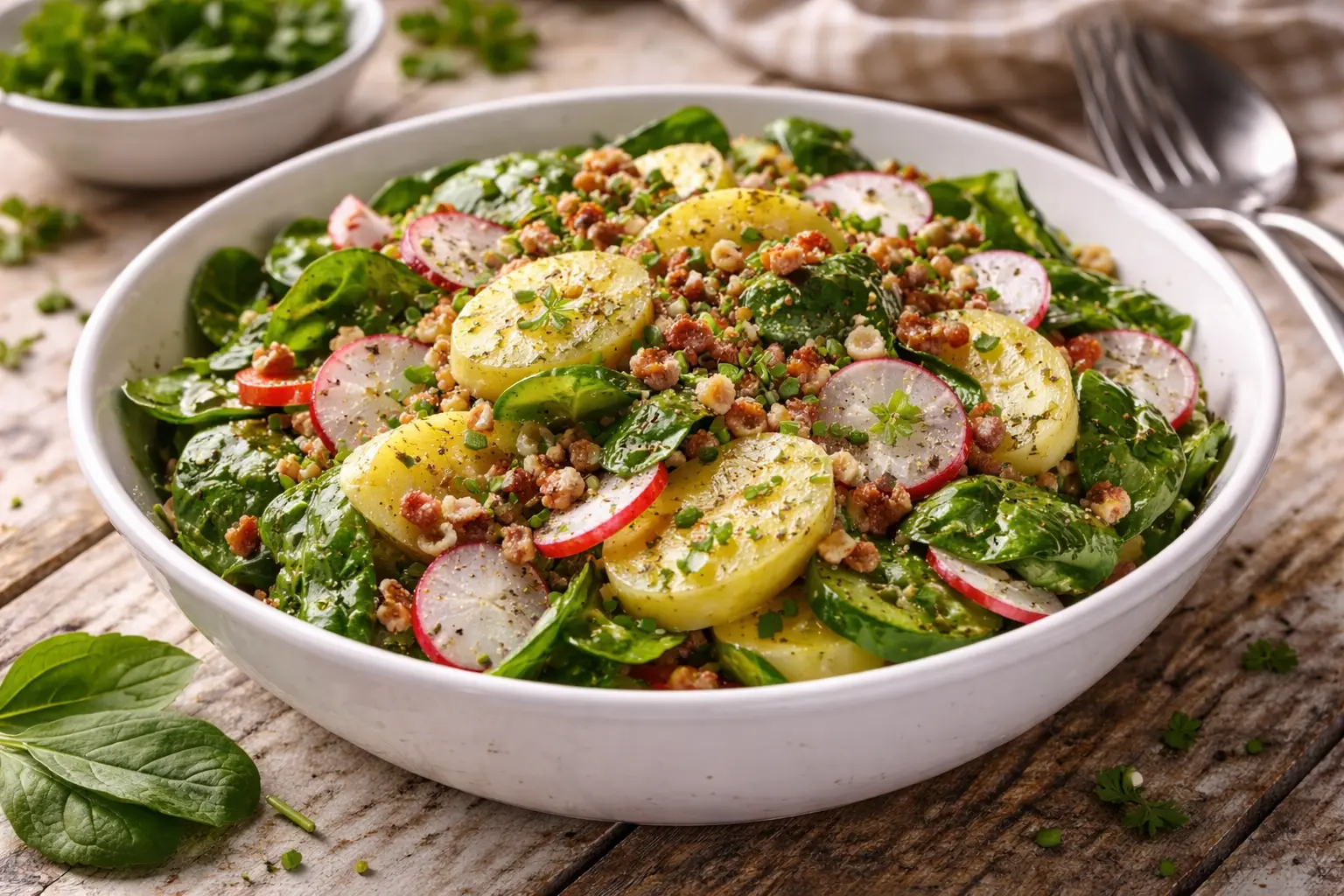 Grüner Kartoffelsalat mit Spinat Radieschen und Speck in Schüssel auf rustikalem Holztisch