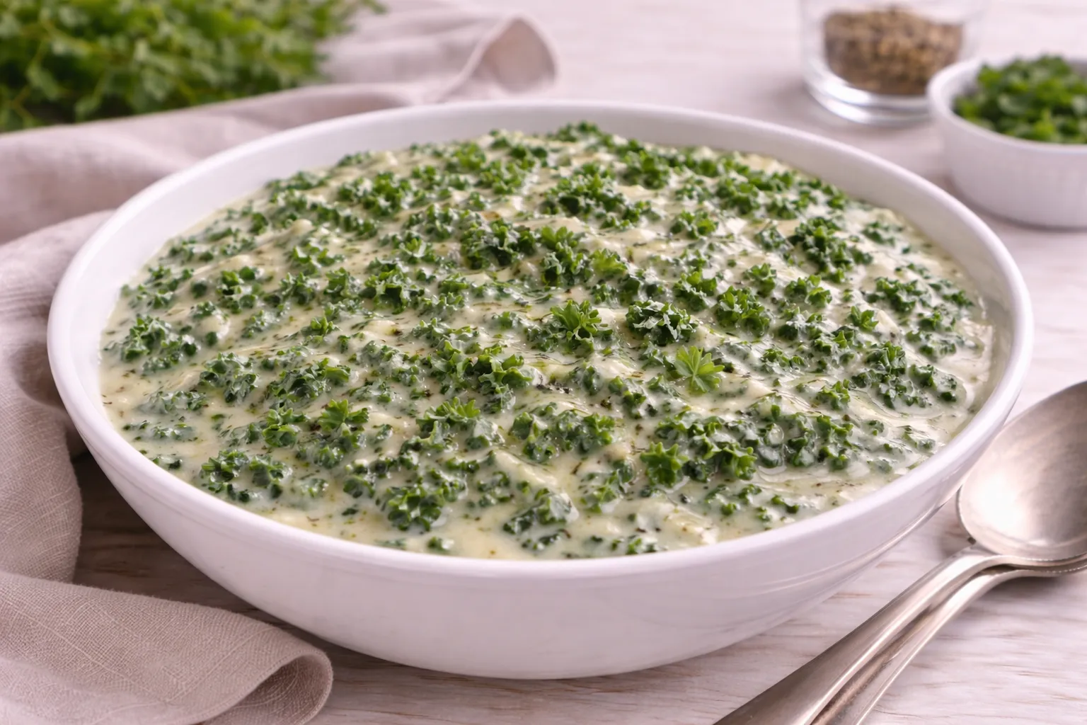 Grünkohl mit Sahne in weißer Schüssel, cremig gebunden, auf hellem Holztisch mit Besteck und Dekoration.