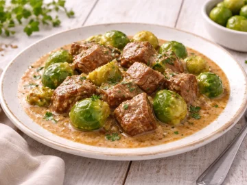 Rindergulasch mit Rosenkohl in cremiger Soße auf weißem Teller auf hellem Holztisch