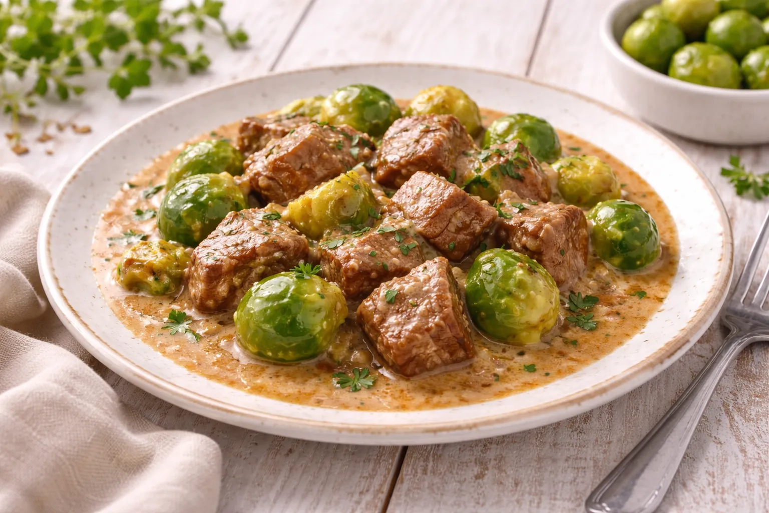 Rindergulasch mit Rosenkohl in cremiger Soße auf weißem Teller auf hellem Holztisch