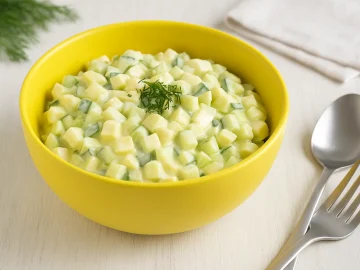 Frischer Gurken-Apfel-Salat mit Dill und Mayonnaise in gelber Schüssel auf hellem Holztisch