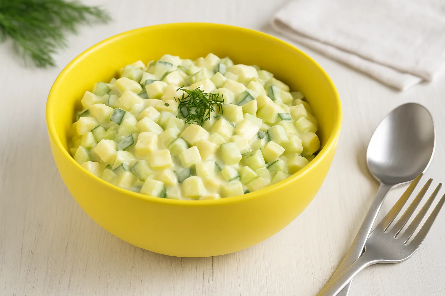 Frischer Gurken-Apfel-Salat mit Dill und Mayonnaise in gelber Schüssel auf hellem Holztisch