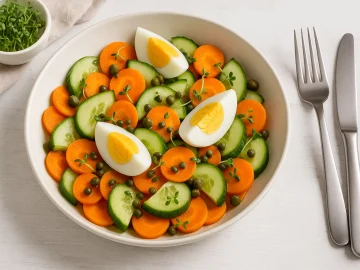 Gurken-Möhren-Salat mit Eierspalten, Kapern und Kresse in einer weißen Schüssel auf Holztisch