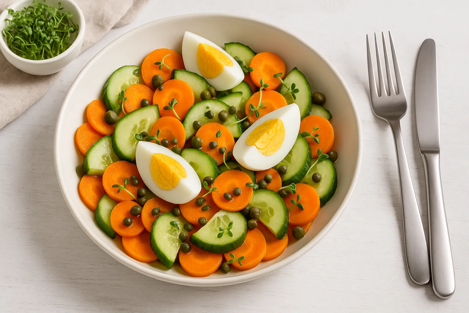 Gurken-Möhren-Salat mit Eierspalten, Kapern und Kresse in einer weißen Schüssel auf Holztisch