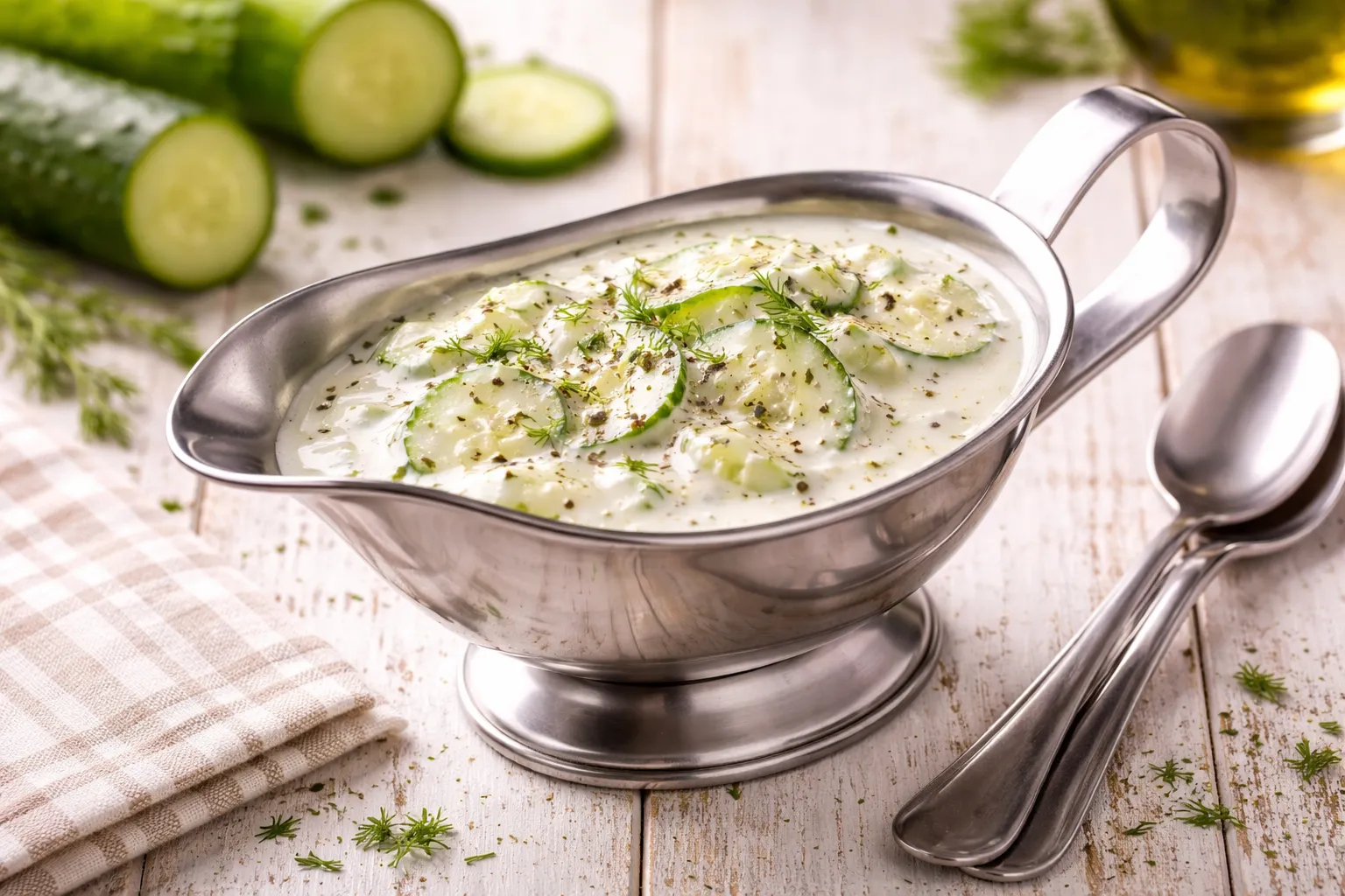 Gurken-Sahne-Soße mit Gurkenscheiben in Edelstahl-Sauciere auf weißem Holztisch angerichtet