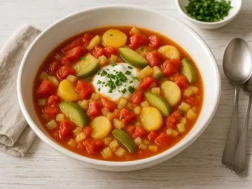 Gurken-Tomaten-Topf mit Kartoffeln in weißer Schüssel auf hellem Holztisch