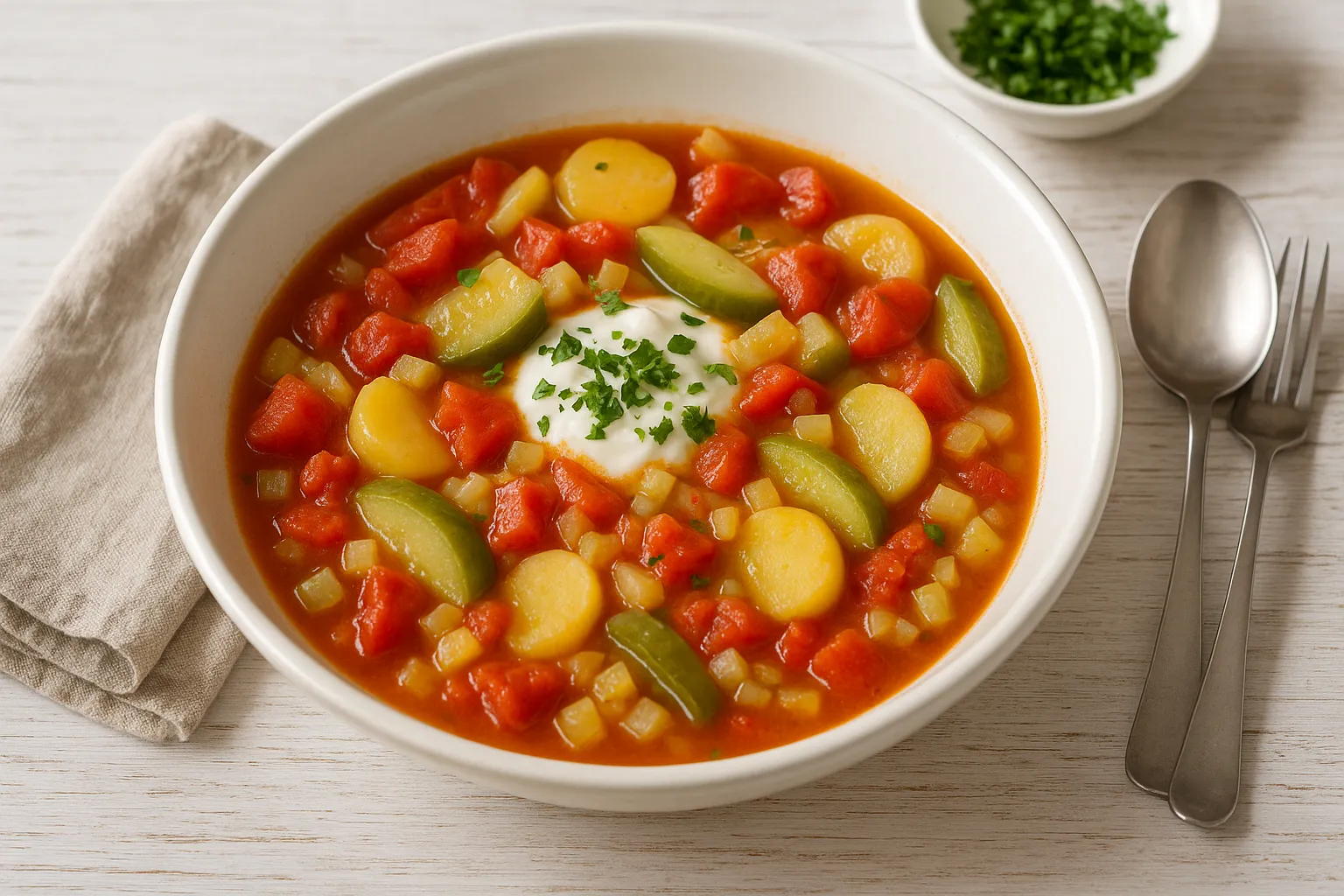 Gurken-Tomaten-Topf mit Kartoffeln in weißer Schüssel auf hellem Holztisch