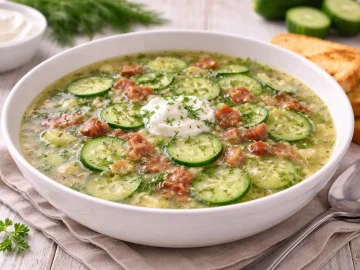 Helle Gurkensuppe mit Dill und Speck in tiefem weißen Teller serviert