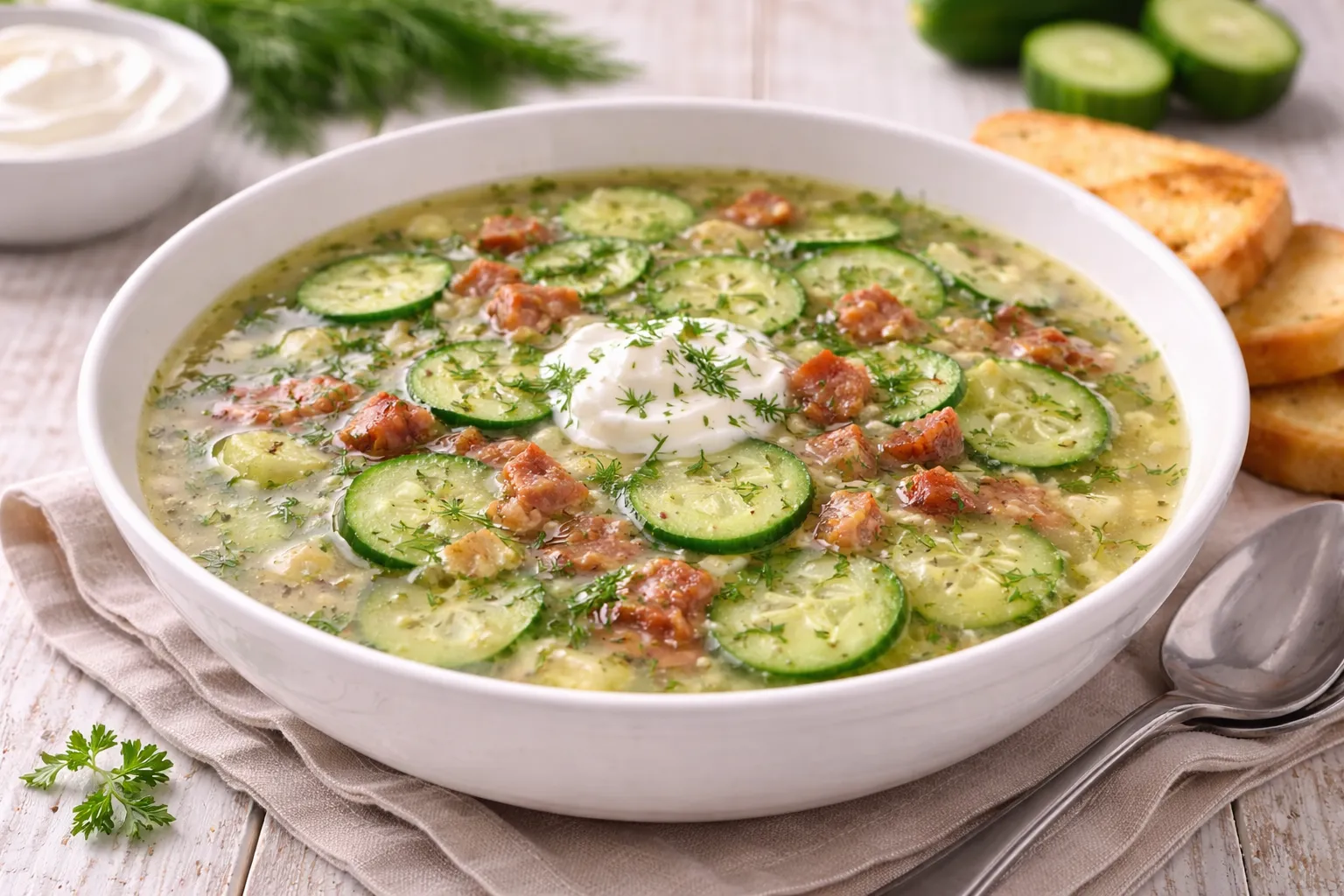 Helle Gurkensuppe mit Dill und Speck in tiefem weißen Teller serviert
