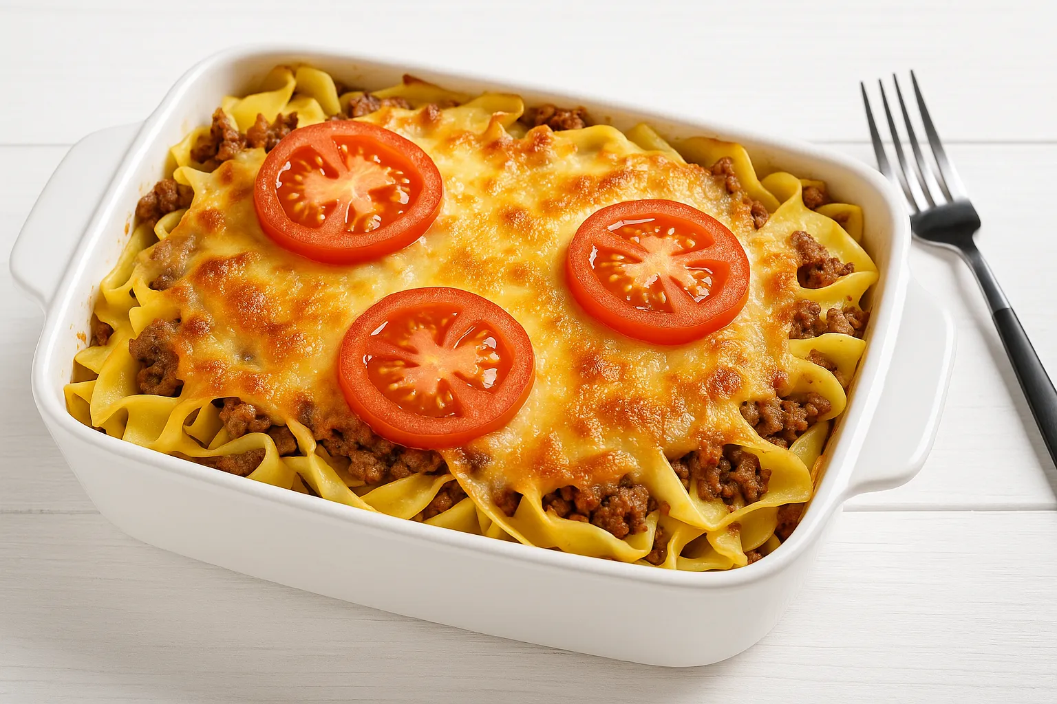 Hackfleisch-Nudel-Auflauf mit Tomaten, Zwiebeln und Käse überbacken in einer Auflaufform auf Holzhintergrund