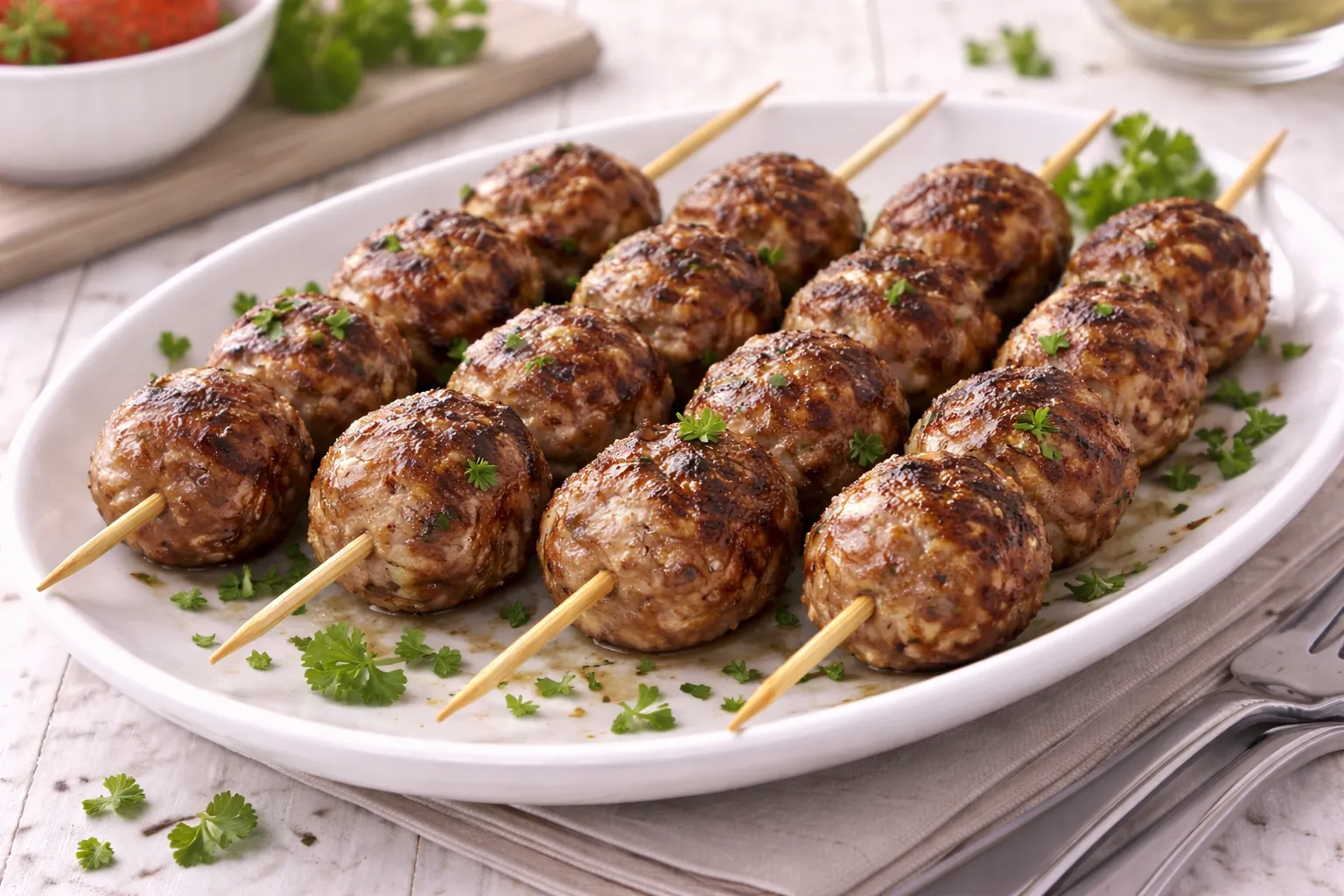 Weiße Servierplatte mit gegrillten Hackfleischbällchen am Spieß, Kräutern und Beilage auf weißem Holzhintergrund mit sichtbarer Maserung