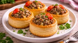 Blätterteigpastetchen gefüllt mit Hackfleisch und Apfel auf rustikalem Holztisch