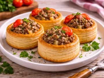 Blätterteigpastetchen gefüllt mit Hackfleisch und Apfel auf rustikalem Holztisch