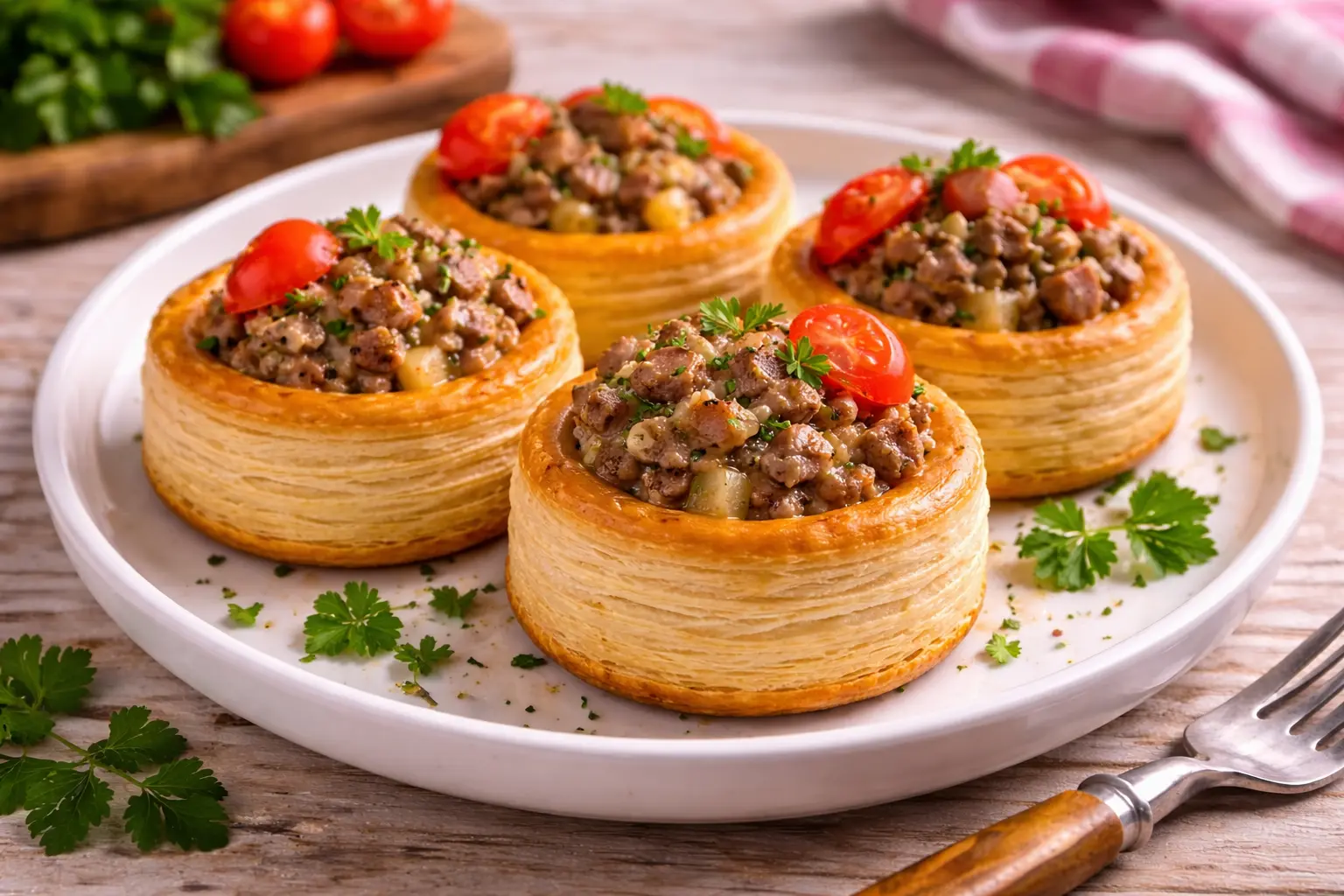 Blätterteigpastetchen gefüllt mit Hackfleisch und Apfel auf rustikalem Holztisch