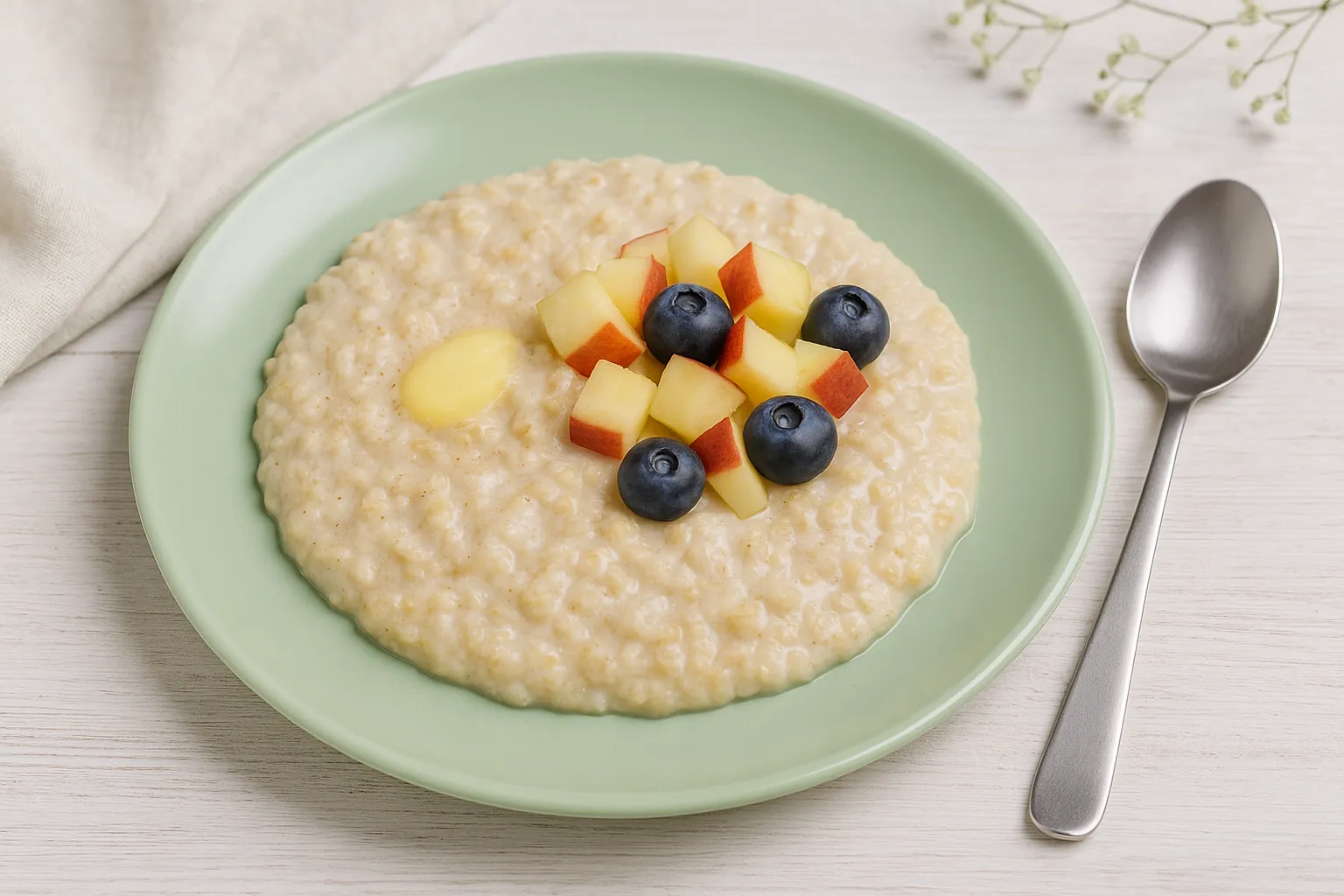 Haferflockenbrei mit frischem Obst auf einem hellgrünen Teller, serviert auf Holzhintergrund